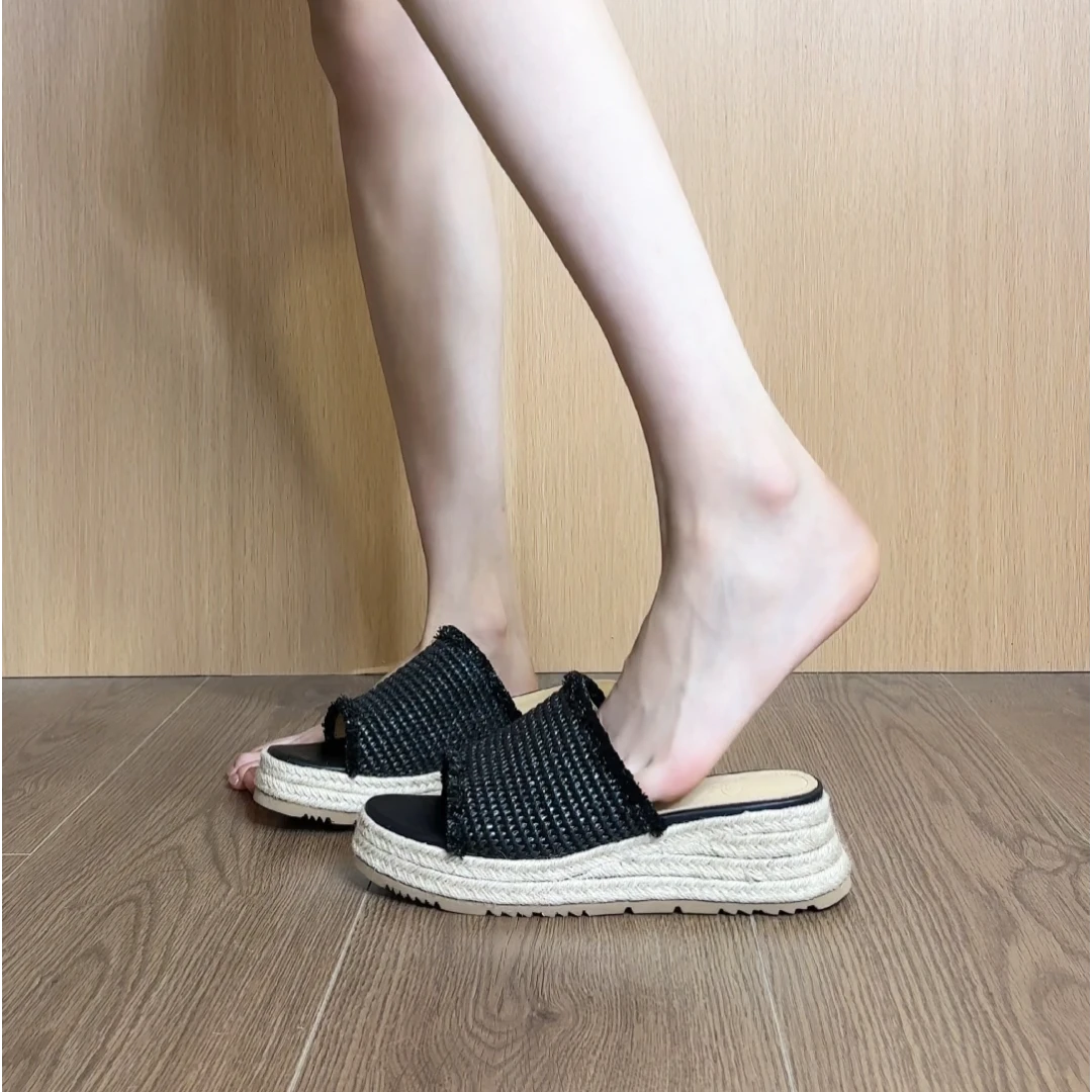 9775休闲百搭编织草编5cm厚底凉拖鞋女2025新款夏季外穿懒人拖鞋
