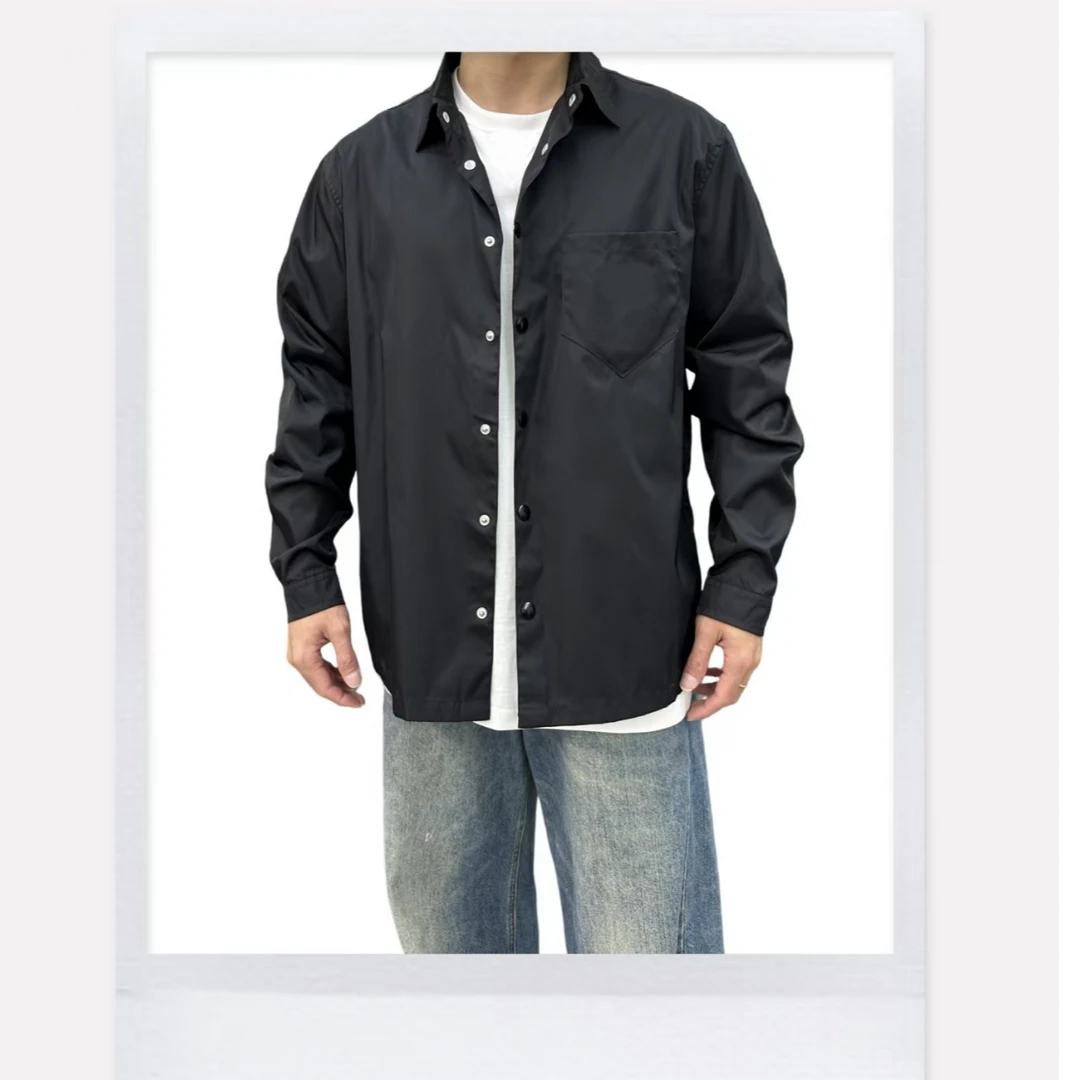 男士春秋单口袋黑色衬衫