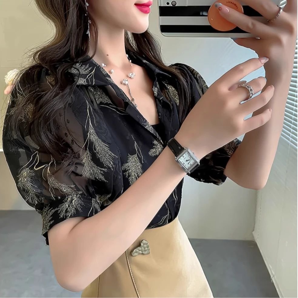 墨叠2025年新款印花刺绣衬衫女翻领气质上衣显瘦灯笼袖衬衣女7589