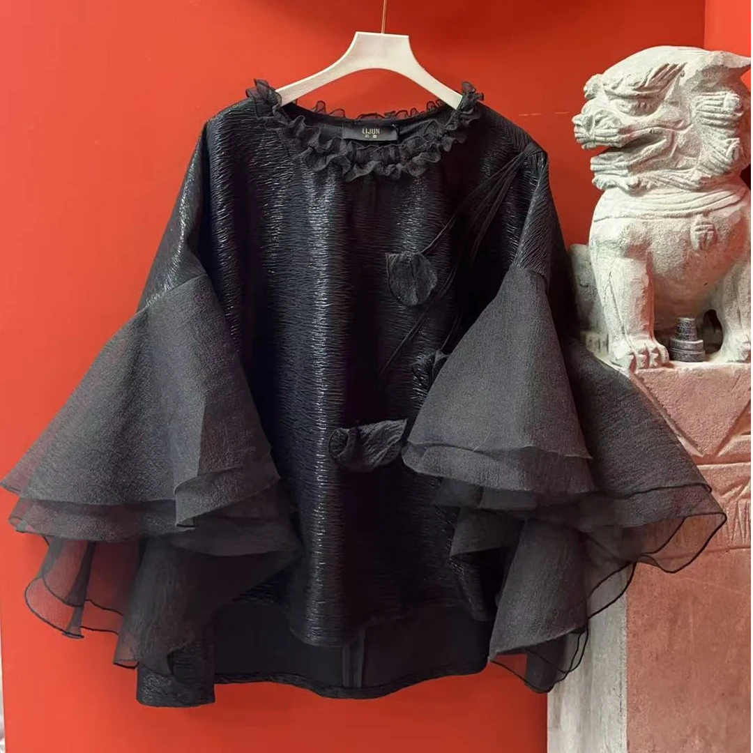 1839篱君25春夏新款荷叶纱袖花边领上衣时尚减龄设计黑色显瘦小衫