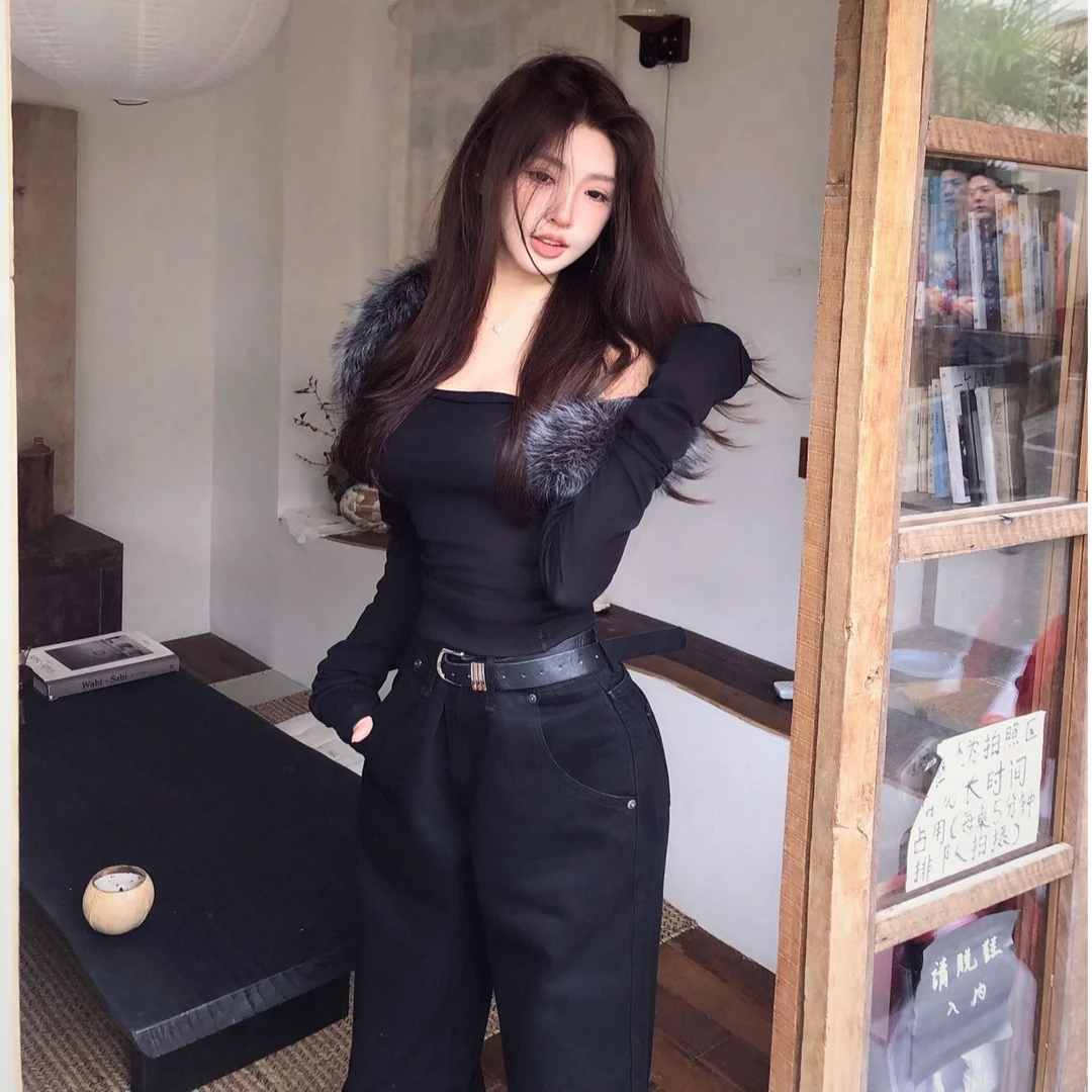 美式辣妹风毛领长袖坎肩针织衫女秋冬气质显瘦内搭抹胸上衣两件套