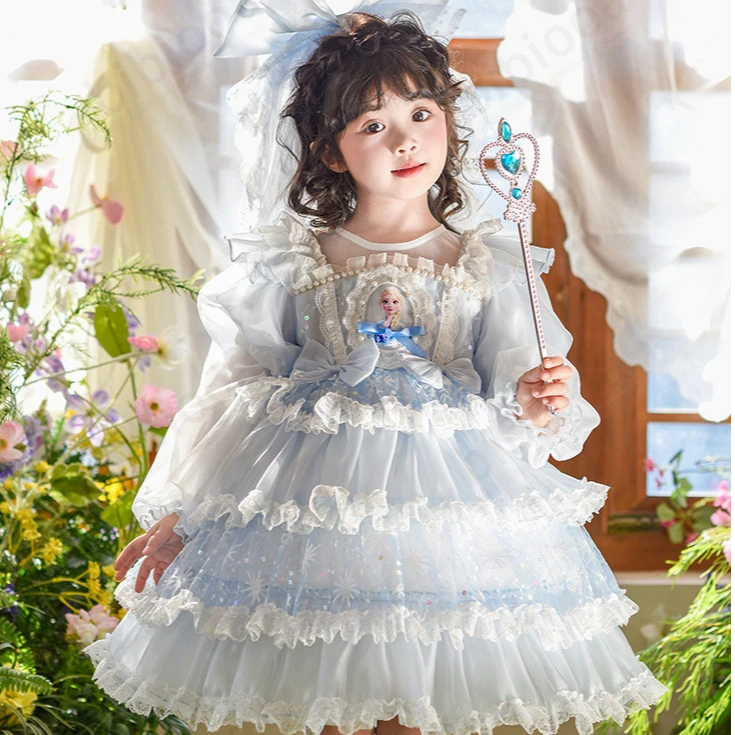 儿童长袖艾莎公主裙25春季女童洋气网纱连衣裙bulingbuling蛋糕裙