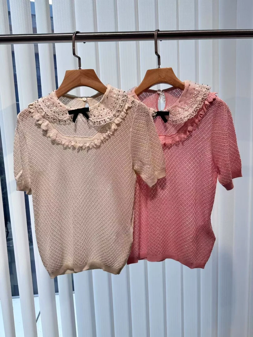 娃娃领针织短袖上衣