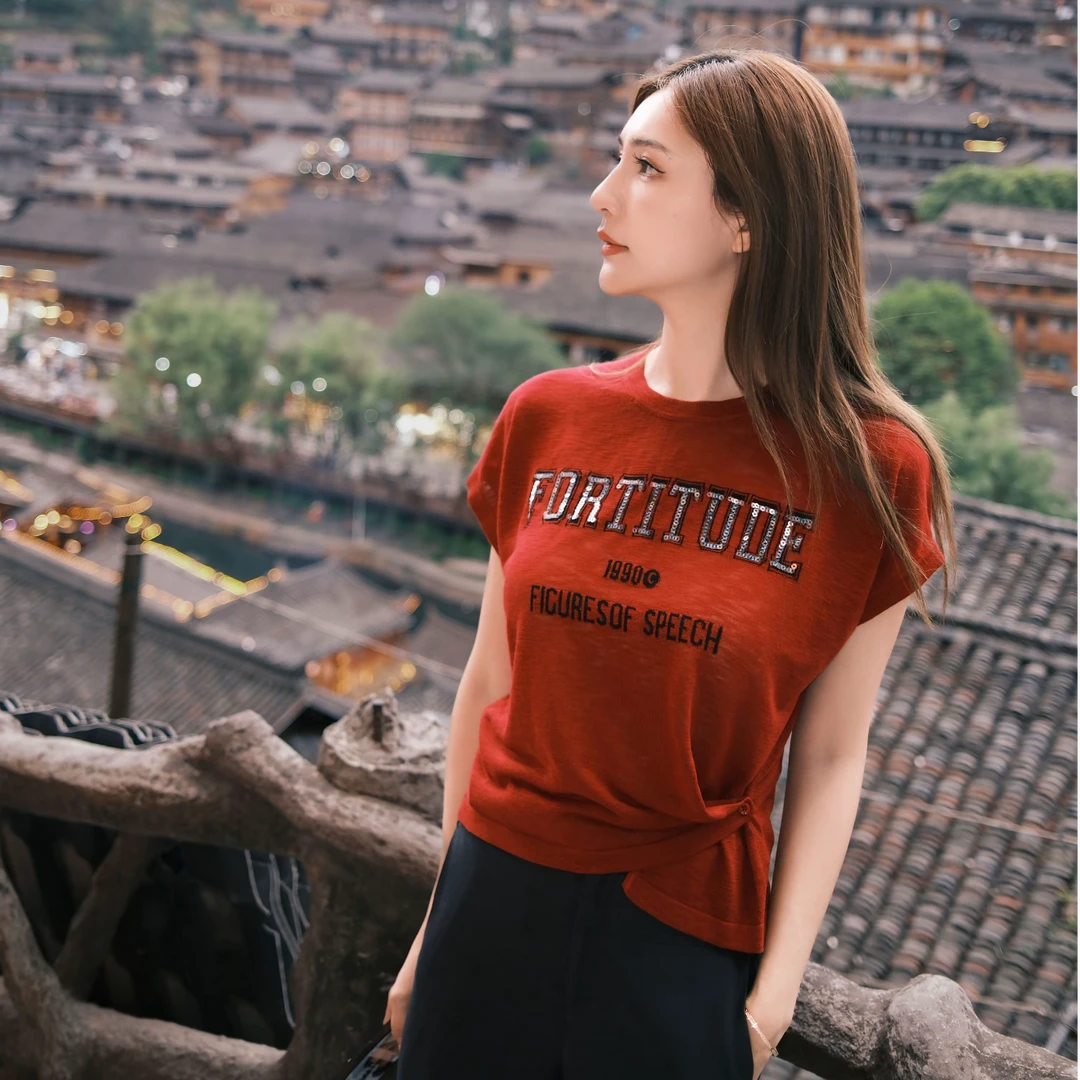 COCO BECCI【热颂红T】夏季新款时尚百搭针织短袖T恤女CFLJB232024