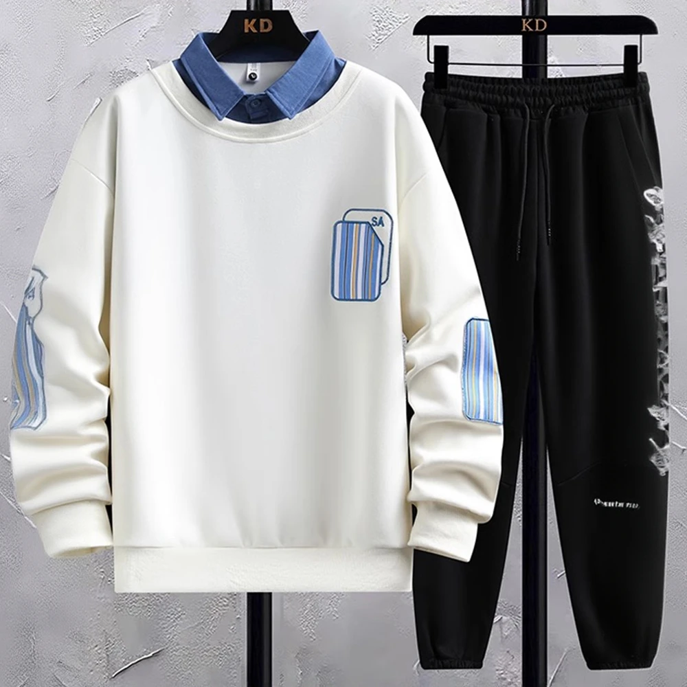 PinkAvril春秋季假两件卫衣男青少年男一套衣服搭配休闲运动套装