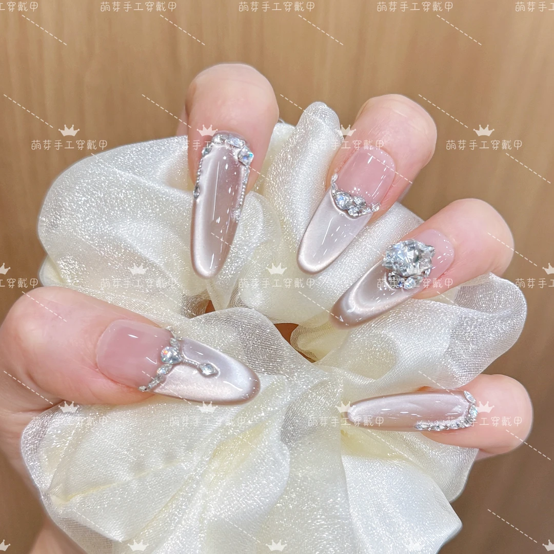 【苍山负雪】流行显白裸色系清透萄萄冰晶猫眼电镀光镶钻手工穿戴甲