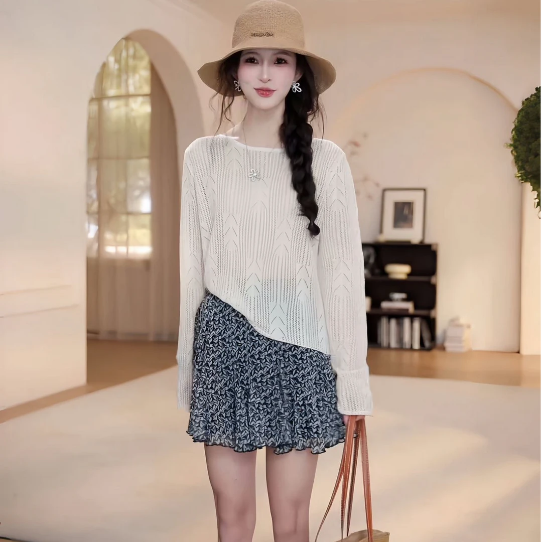 法式镂空冰丝防晒罩衫长袖上衣+松紧腰碎花半裙显瘦套装2025夏季