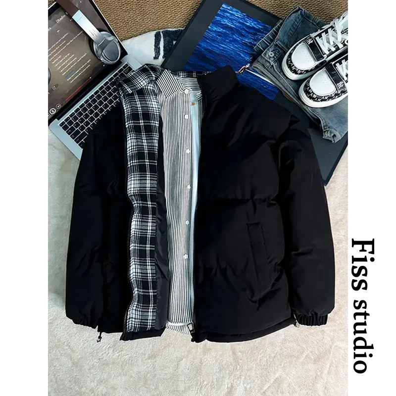 格子拼接夹克男款黑色冬季立领面包服高级感棉衣外套ins潮流宽松