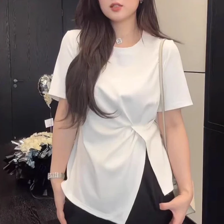 2025秋季新款大码女装显瘦正肩短袖T恤胖mm不规则开叉收腰上衣