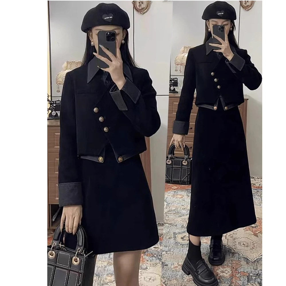 拉夏贝尔气质假两件小香风外套高腰半身裙两件套女2025年秋季新款