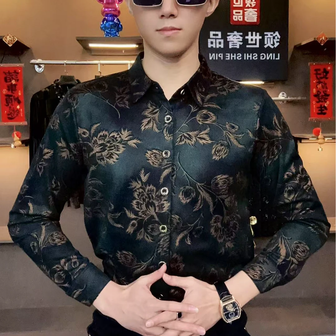 2025春季男士时尚潮流修身休闲轻奢个性商务高品质长袖衬衫