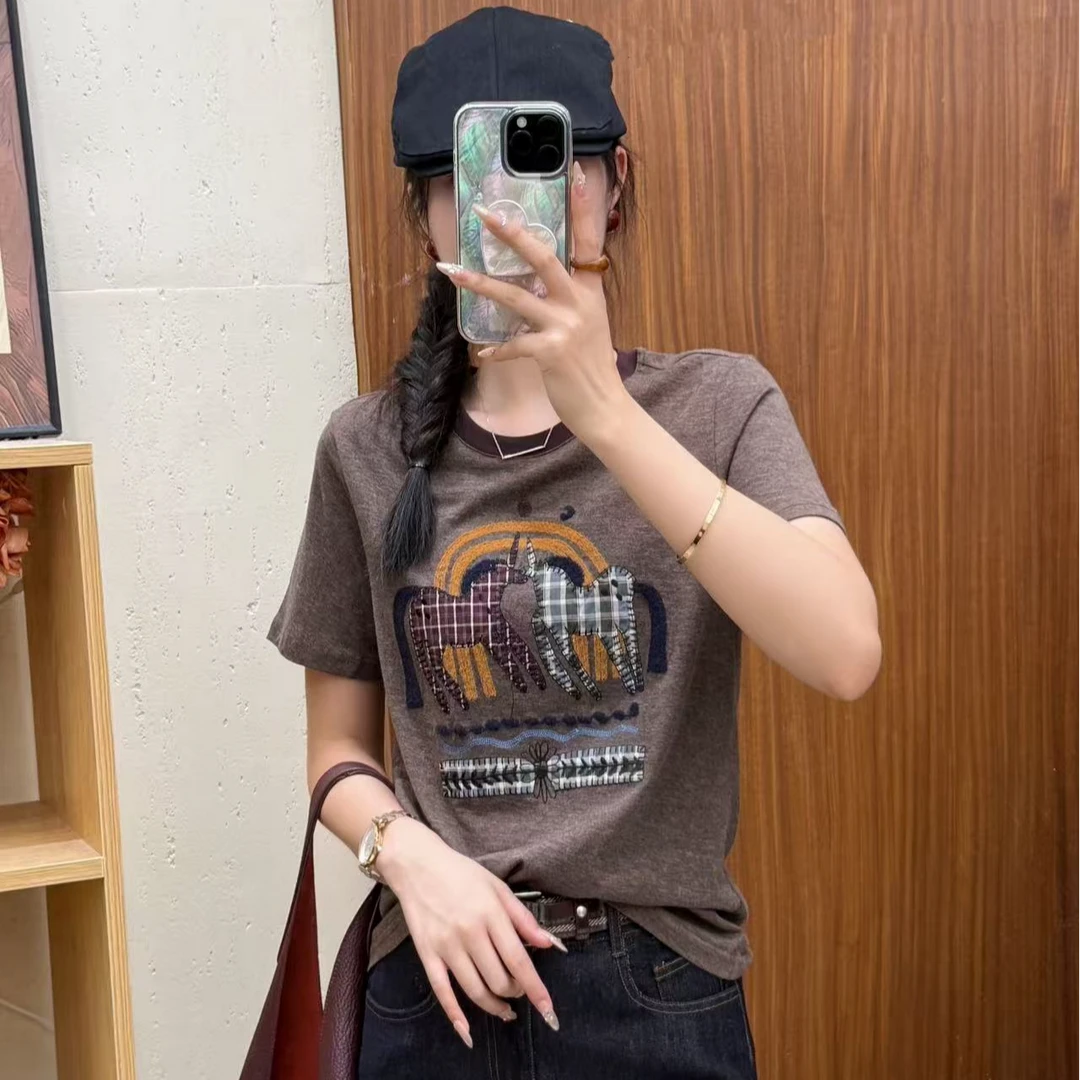 82382 通勤字母排汗植物花卉短袖T恤女士重工ins显瘦宽松