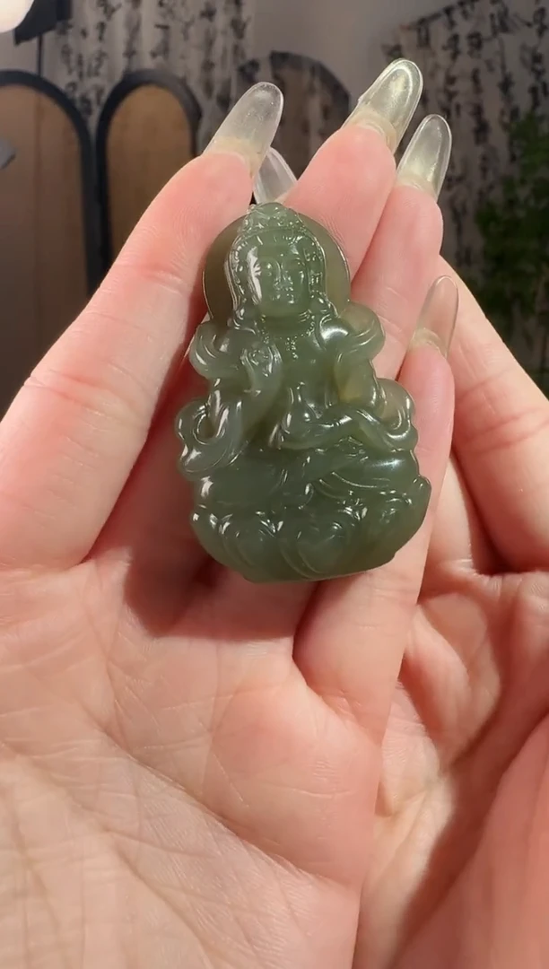 颈饰未镶嵌和田玉湖水绿飘带观音