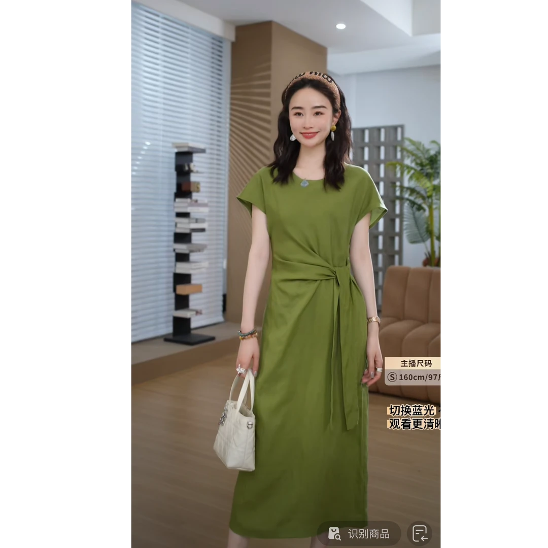HELAAOMI“76.2%亚麻 仲夏子衿”莱赛尔系带收腰连衣裙CY5BC72434