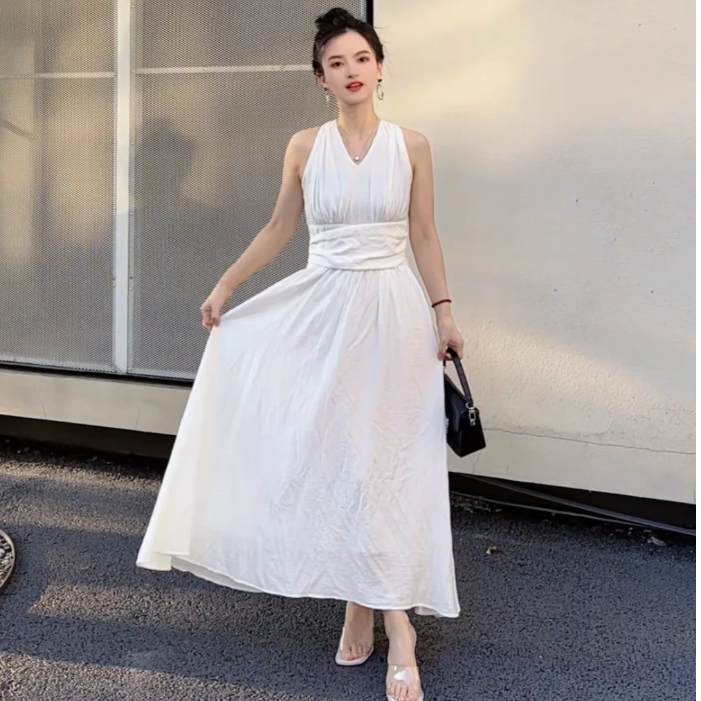 小个子法式挂脖V领无袖连衣裙气质显瘦沙漏收腰长裙XF250503-白