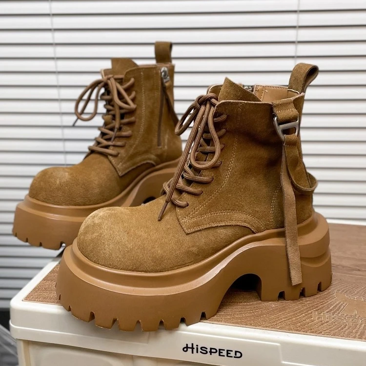 马丁靴女鞋磨砂真皮大头系带厚底松糕大黄靴机车靴小个子工装短靴