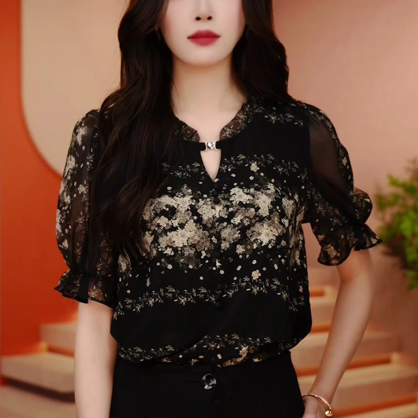 Y240258-新款琉璃双皱丝洋气时尚百搭气质印花女士五分袖上衣