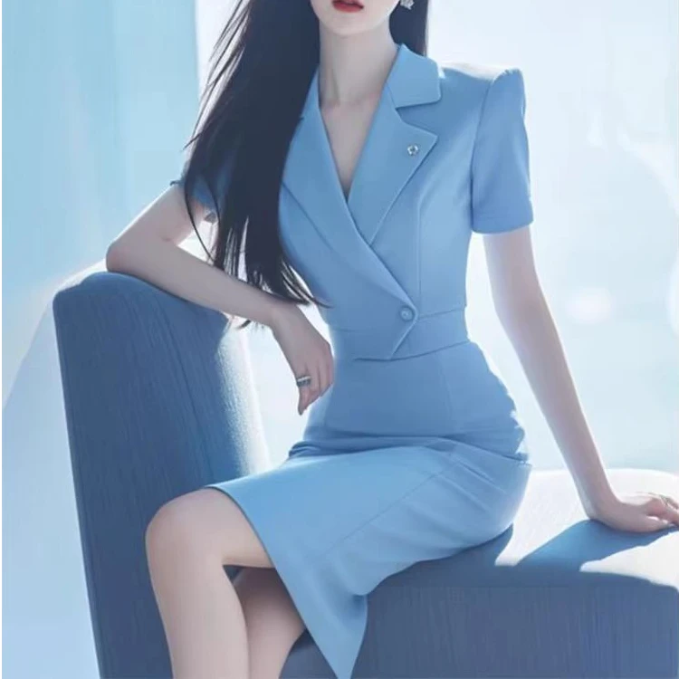 夏季高端精致气质名媛小香风浅蓝色职业时尚法式蓝色西装连衣裙女