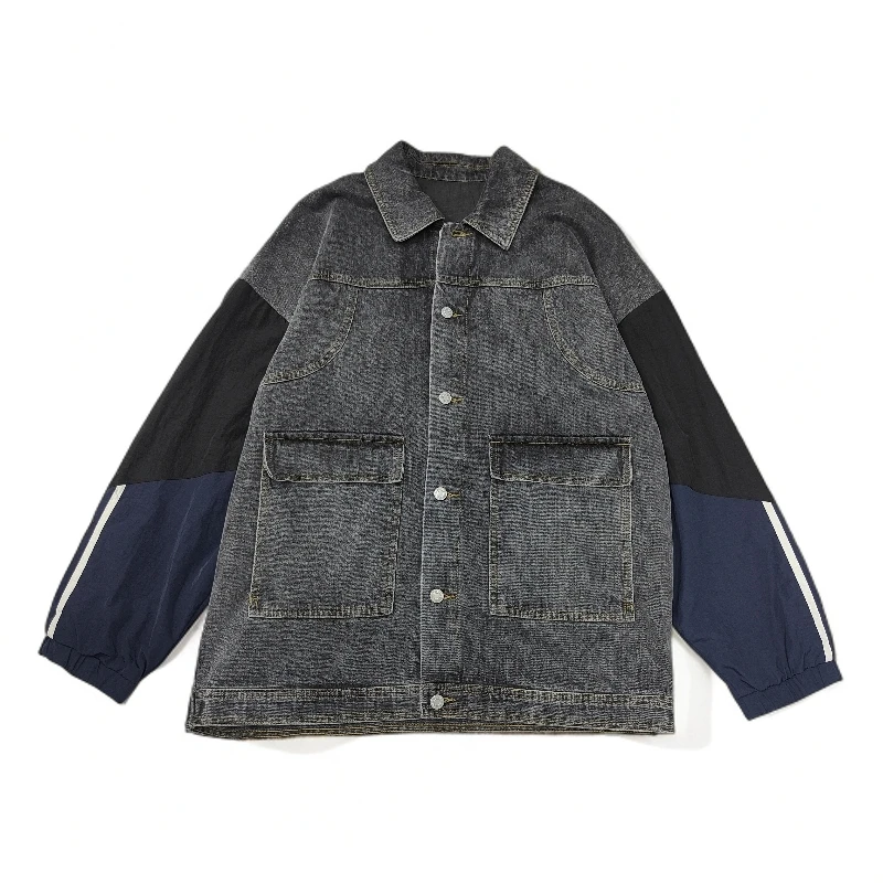 春季日系复古拼接袖子工装风水洗宽松翻领牛仔夹克男潮外套2092