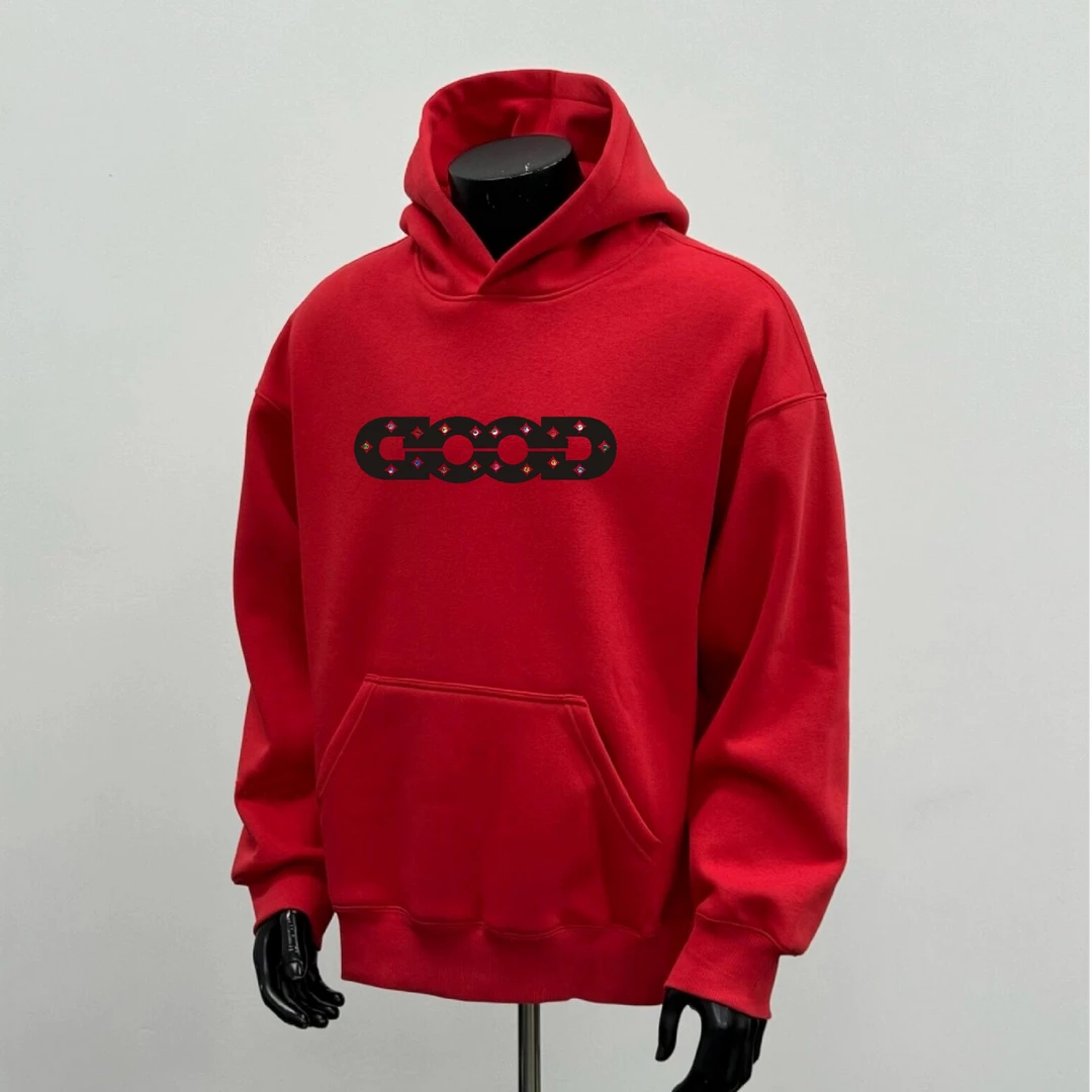 新款冬季加绒加厚保暖新年大红卫衣 GD镂空彩钻宽松休闲连帽卫衣