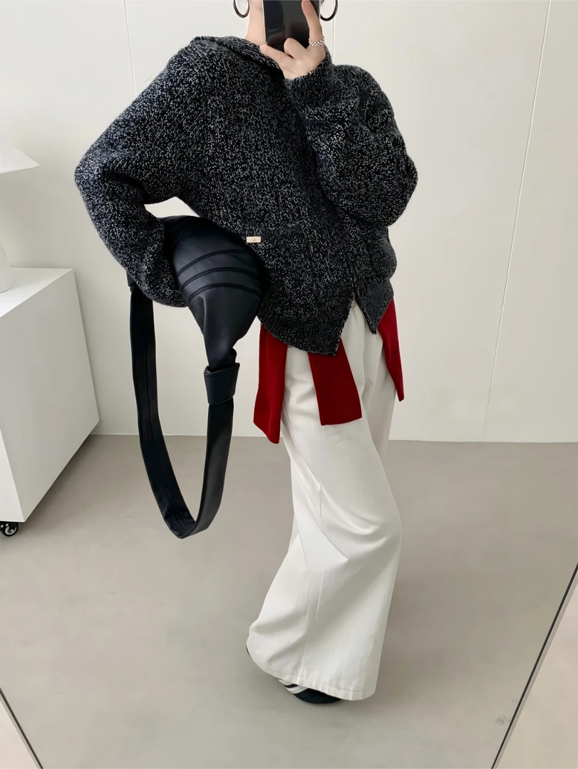 针织短款女秋季长袖连帽毛针织衫休闲小香风华夫格