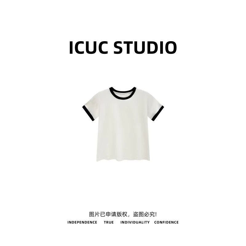 ICUC STUDIO-【撞色圆领正肩修身短袖T恤】夏季新款显瘦白搭T恤5855