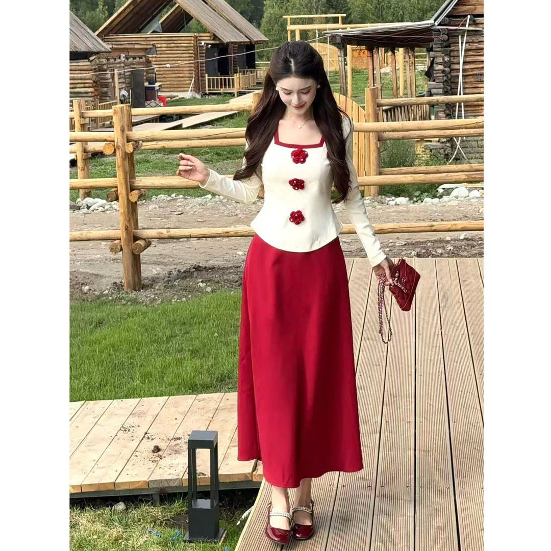 【草莓起司】LiLi甜美法式白色上衣红色半裙套装XMZH8760 XMZH8761