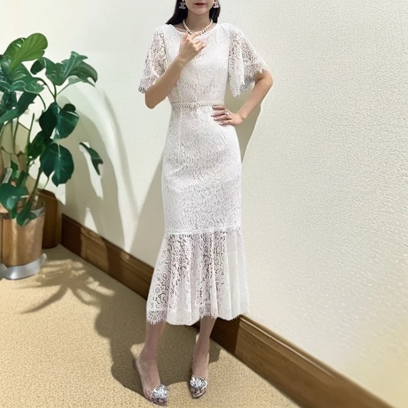 GXO春秋新款轻奢高定时尚珍珠腰带蕾丝连衣裙LZ80018