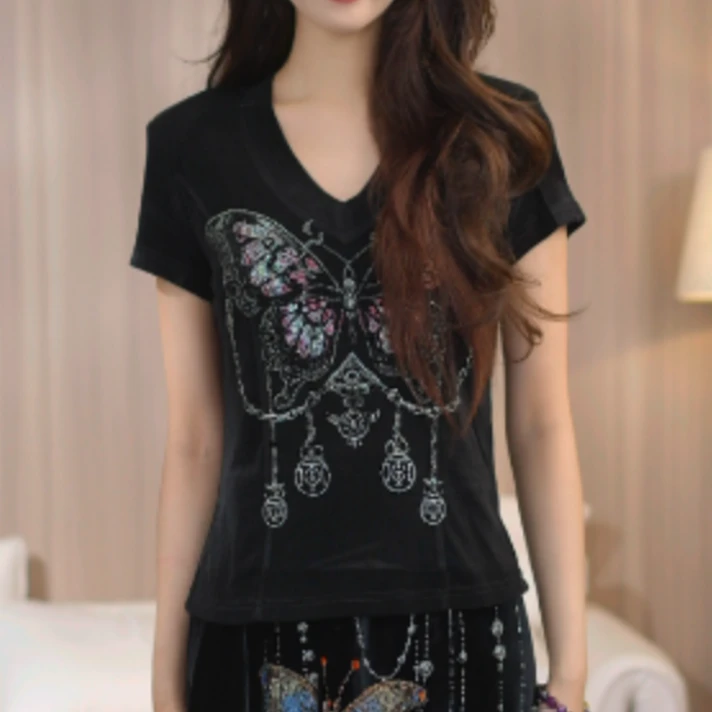 TCH私服烫钻工艺时尚休闲百搭气质蝴蝶T恤女T75B10E5158轻奢tch