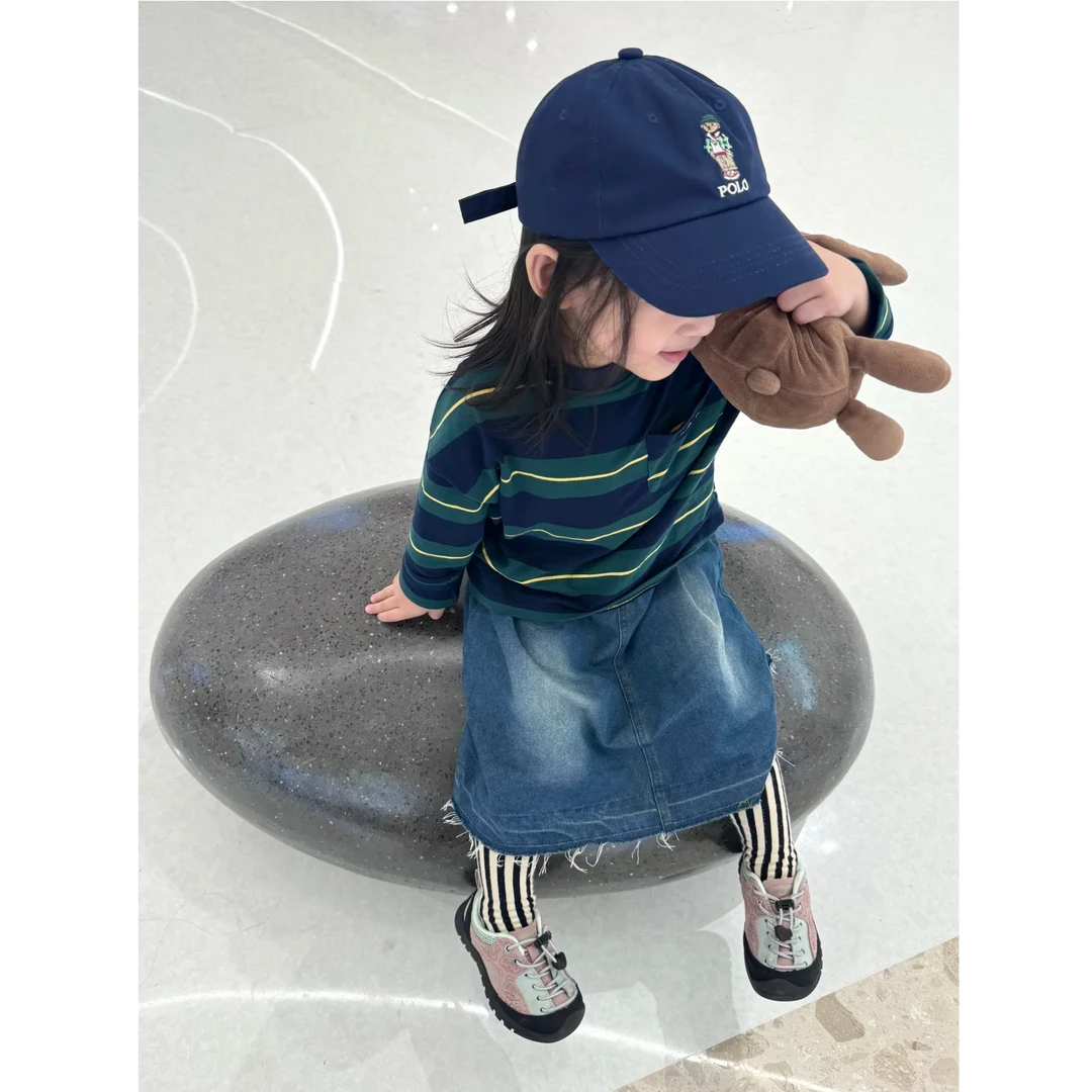 壹妈童装女童秋季套装新款洋气儿童条纹长袖上衣百搭牛仔半身裙