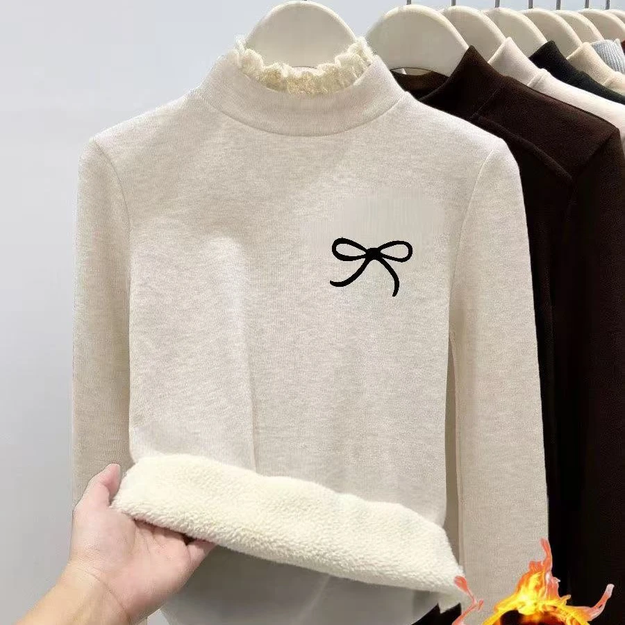 中大童新款打底衫卫衣加绒加厚一体绒花边半高领保暖印花上衣