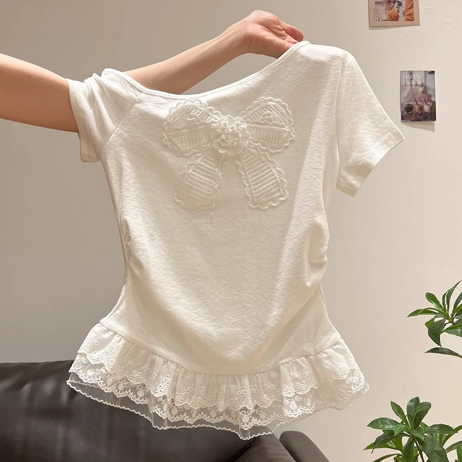 斜领蕾丝花边拼接短袖T恤女2025年夏季新款修身蝴蝶结设计感上衣