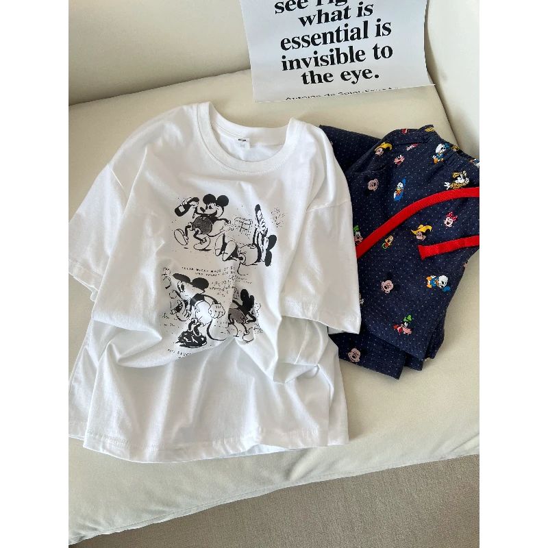 美式复古甜美少女趣味米奇短袖睡衣女夏季新款长裤套装大码家居服
