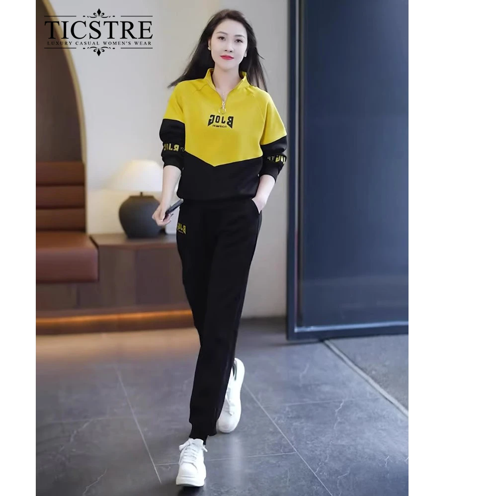 TICSTRE穿搭一整套秋季新款拼色polo领半拉链套头卫衣卫裤套装女