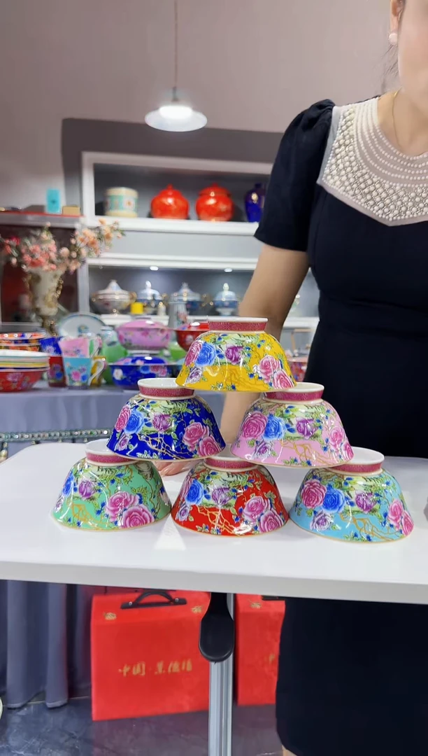 珐琅 4.7英寸花口碗6个景德镇陶瓷混色