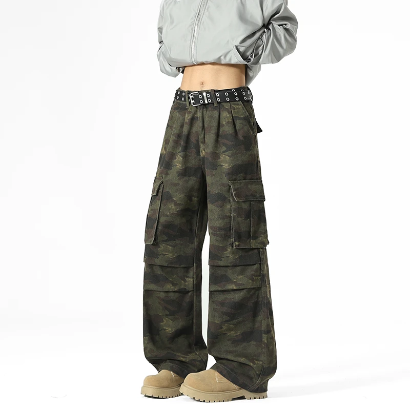 美式复古加绒迷彩工装裤男秋季直筒秋冬款宽松潮牌水洗高街长裤子