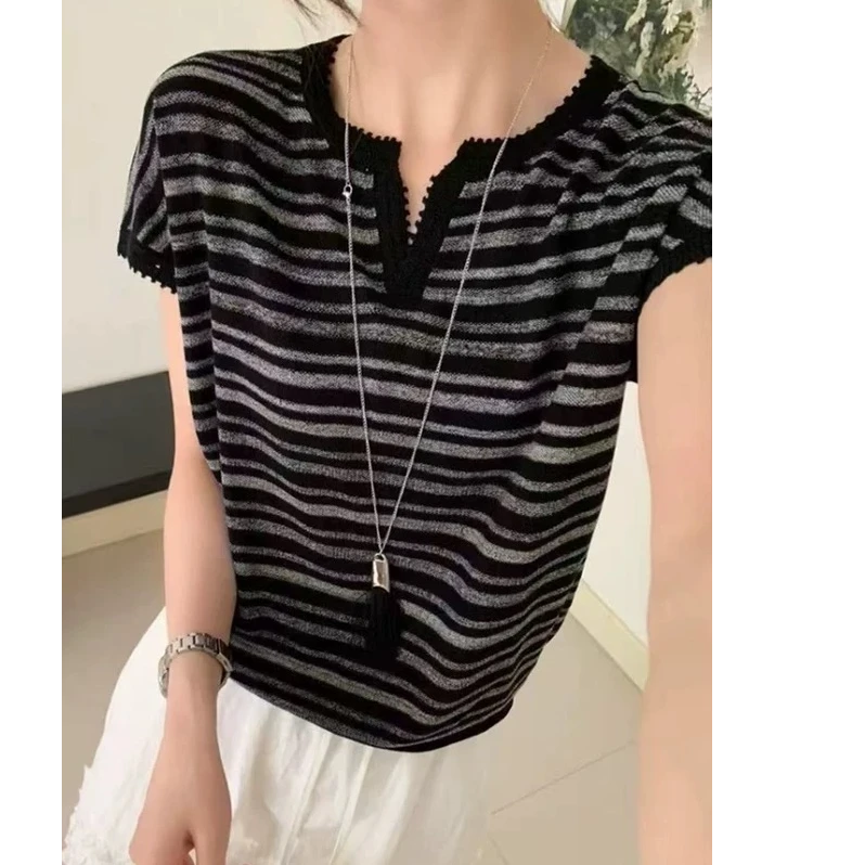 夏季显瘦V领齿轮短袖时尚休闲百搭宽松气质莱赛尔天丝上衣