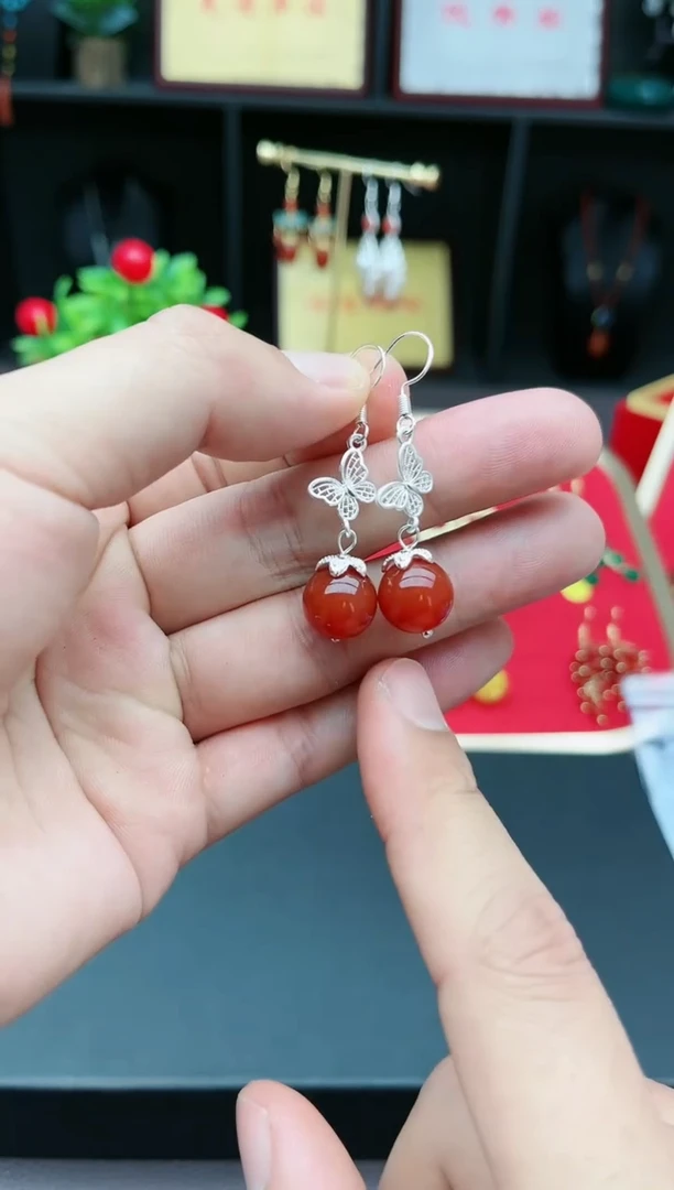 【闪购商品】南红玛瑙耳饰银S925镶嵌417000