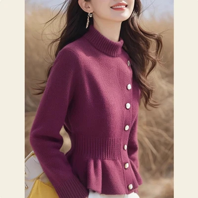 冬季独特别致漂亮上衣设计感小众时尚洋气超好看紫色掐腰针织衫女