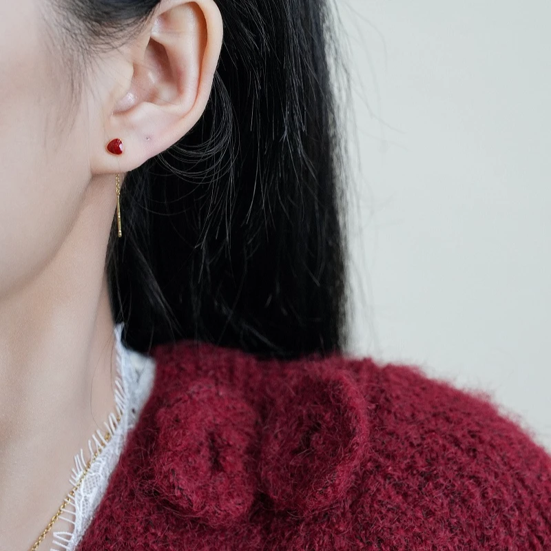 铜合金耳饰 925银针红色相思豆流苏耳线百搭耳环气质轻奢高级感