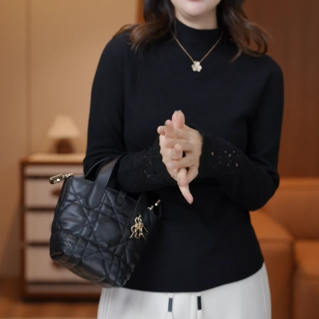 【繁花】高级感秋冬新款半高领袖口镂空时尚减龄针织毛衣LK2508296