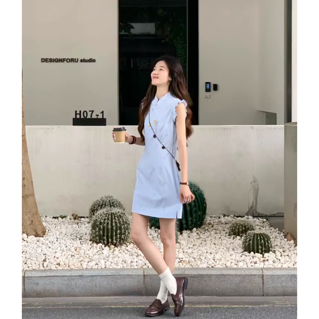 parkyeon夏季新款茶歇法式休闲日常A字裙时尚设计感飞飞袖裙子