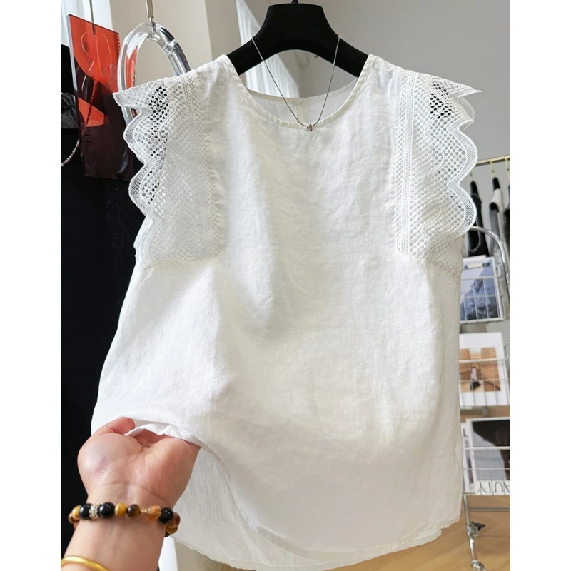 韩系高级感飞袖蕾丝花边亚麻无袖小衫女夏季独特外穿马甲背心上衣