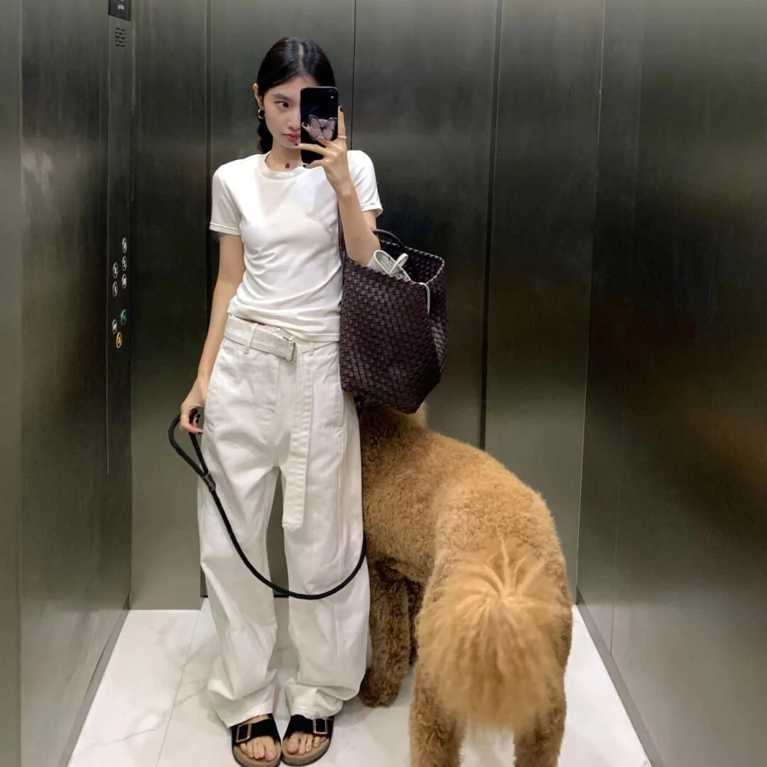 复古镰刀牛仔裤女高腰设计感小众可调节腰带宽松显瘦直筒阔腿长裤