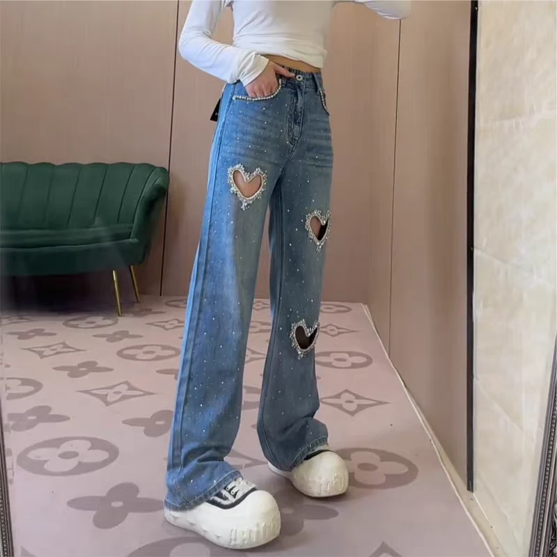 重工手缝时尚潮搭港风帅气镂空爱心牛仔裤高腰弹力聚酯纤维女性薄