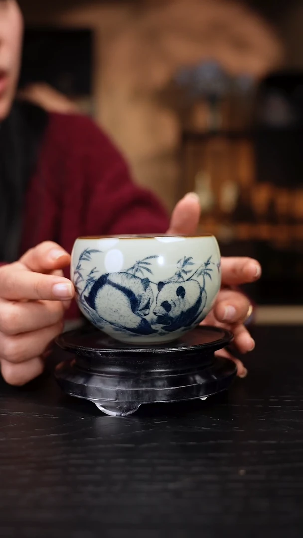 气柴窑 玉石青 熊猫 福满杯