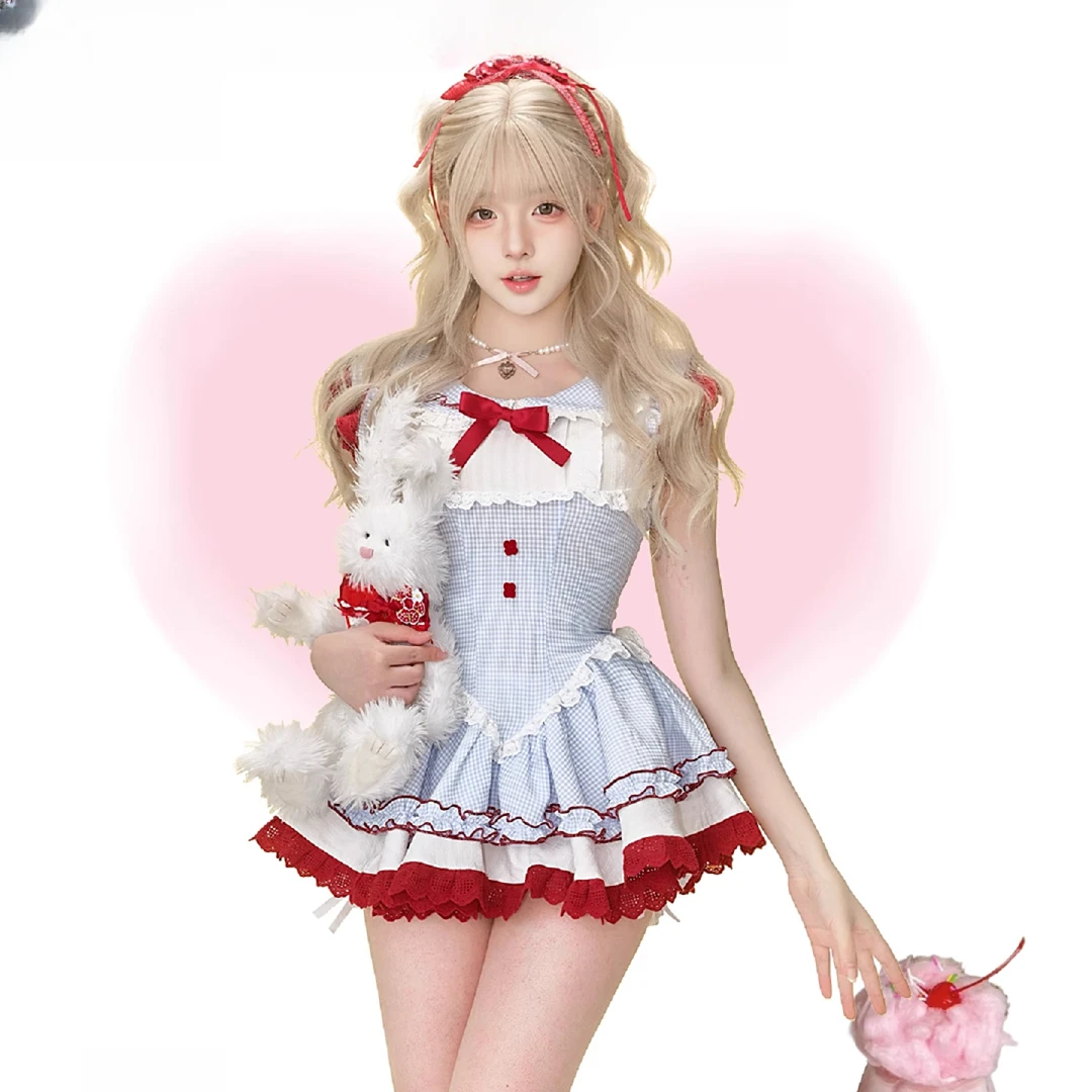 【樱桃丸子】蓝色格纹连衣裙撞色拼接花边娃娃领收腰公主蓬蓬裙子