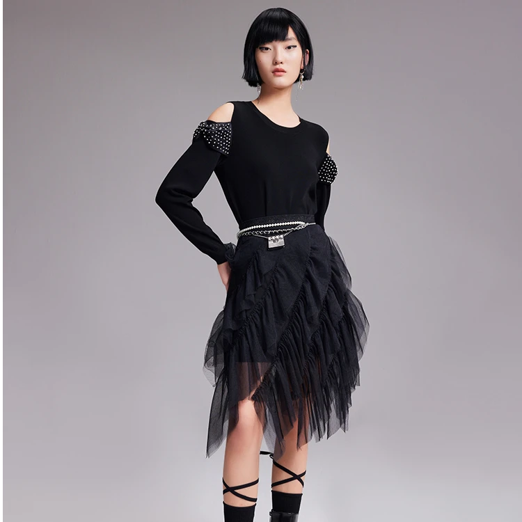 COCOON/可可尼多层黑色网纱百褶裙22307BC092322020