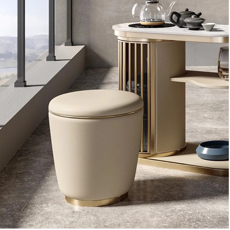 轻奢茶凳茶桌组合真皮圆凳子不锈钢脚踏凳客厅简约梳妆凳茶桌椅