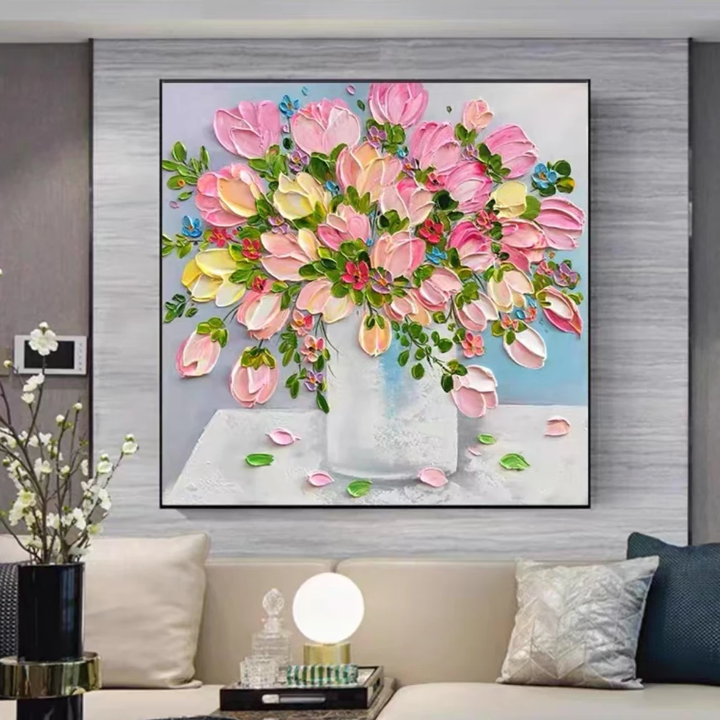 C手绘郁金香油画简约抽象肌理装饰画客厅沙发壁画卧室花瓶6060